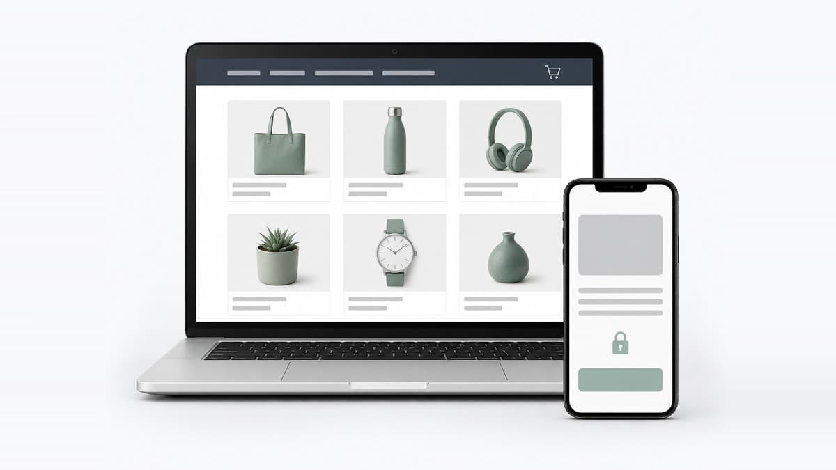 Maquette d'une boutique en ligne sur ordinateur portable, avec écran de paiement sécurisé sur mobile