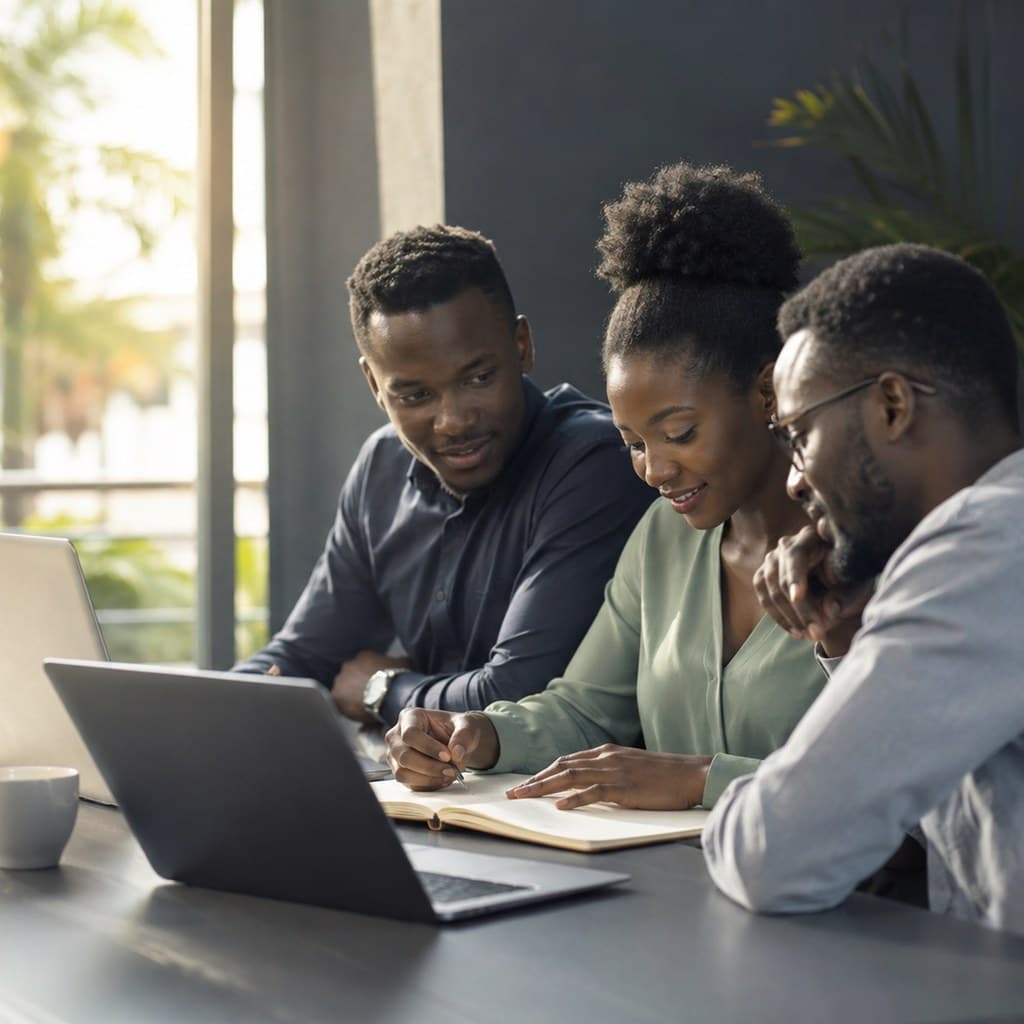 Trois membres de l'équipe AstraTech travaillant ensemble sur un projet web dans un bureau à Abidjan